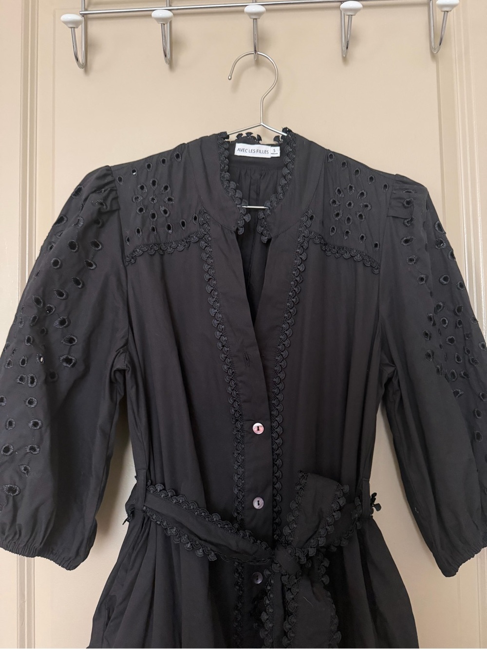 Avec Les Filles Black Eyelet Mini Dress with Belt - Picture 2 of 6